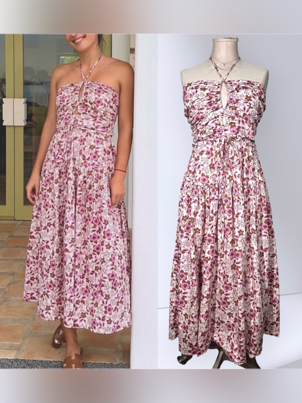 JASON WU Halter Neck Floral Midi Dress Shirred Boho Pink Cottagecore Wedding M